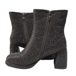 Findvell Rhinestone Chunky Block Heel Ankle Boots Womens Size 9 Black Sparkly